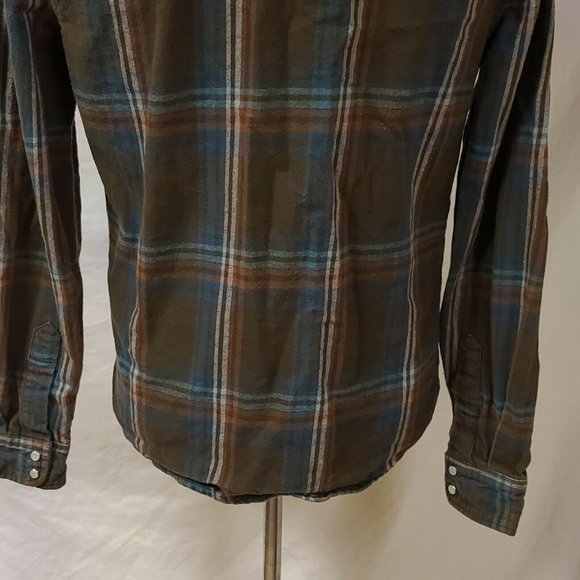 Route 66 Mens Large Brown Blue Stripe Flannel Pearl Snap Western Shirt - Picture 7 of 10